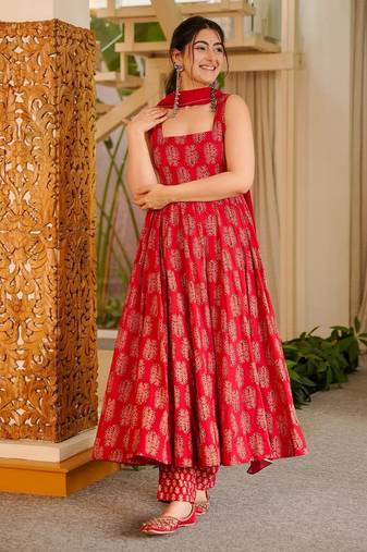 Red color stylish muslin fabric designer printed ceremonial dress for girls
