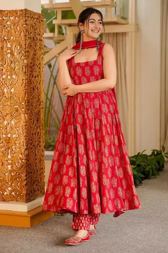 Red color stylish muslin fabric designer printed ceremonial dress for girls