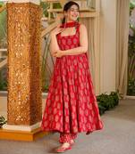 Red color stylish muslin fabric designer printed ceremonial dress for girls
