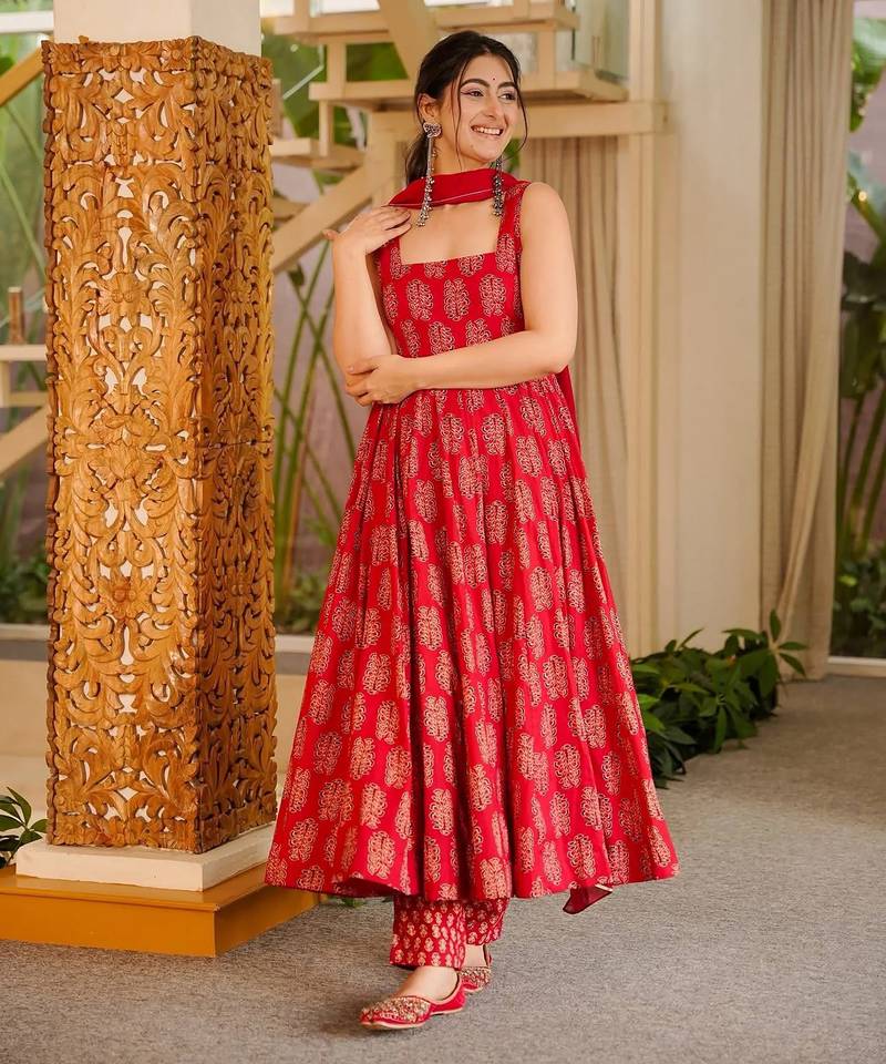 Red color stylish muslin fabric designer printed ceremonial dress for girls