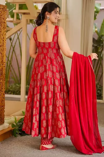 Red color stylish muslin fabric designer printed ceremonial dress for girls