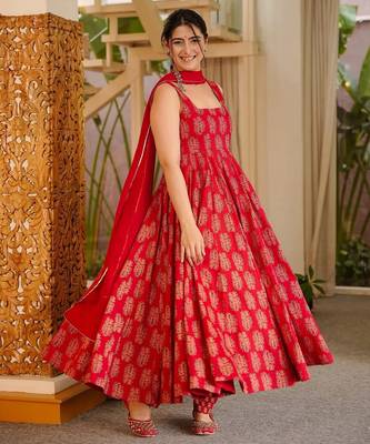 Red color stylish muslin fabric designer printed ceremonial dress for girls 3