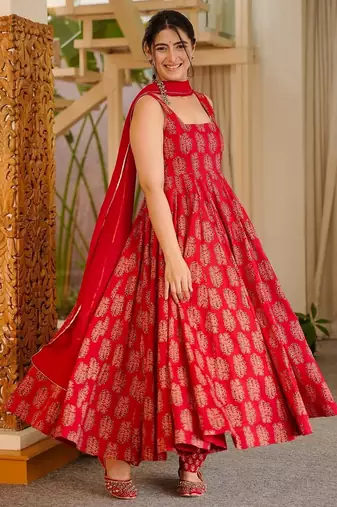 Red color stylish muslin fabric designer printed ceremonial dress for girls