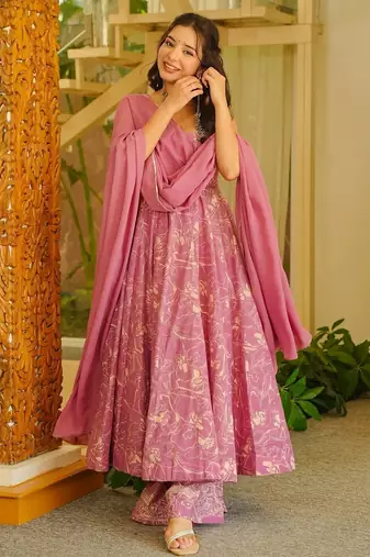 Pink color stylish muslin fabric designer printed ceremonial dress for girls