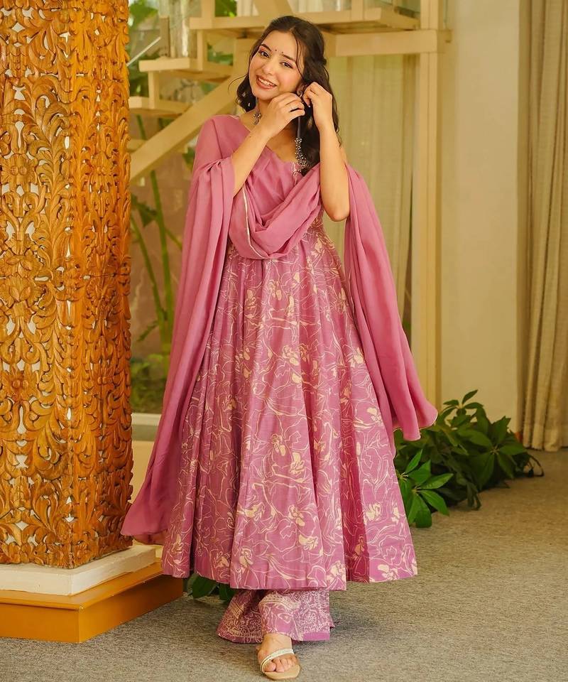 Pink color stylish muslin fabric designer printed ceremonial dress for girls