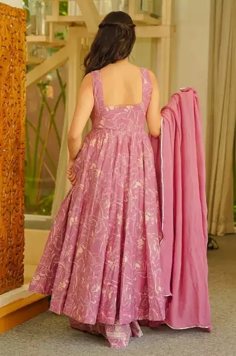 Pink color stylish muslin fabric designer printed ceremonial dress for girls