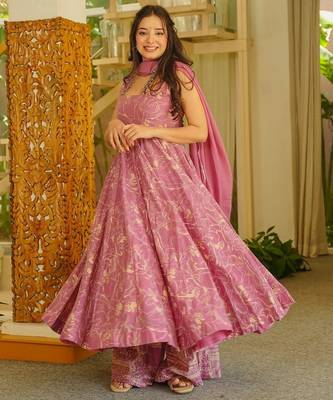 Pink color stylish muslin fabric designer printed ceremonial dress for girls 3