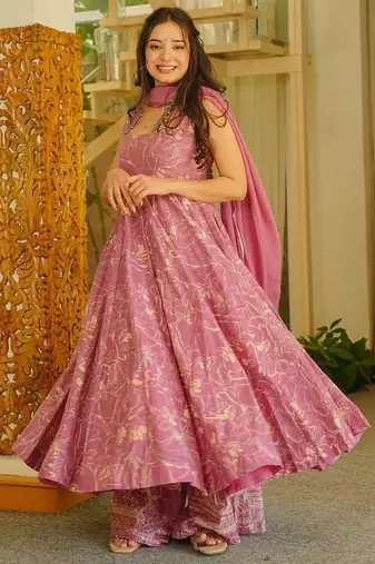 Pink color stylish muslin fabric designer printed ceremonial dress for girls