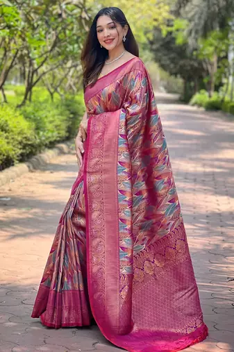 Elegant pink silk saree with contrast weaving border