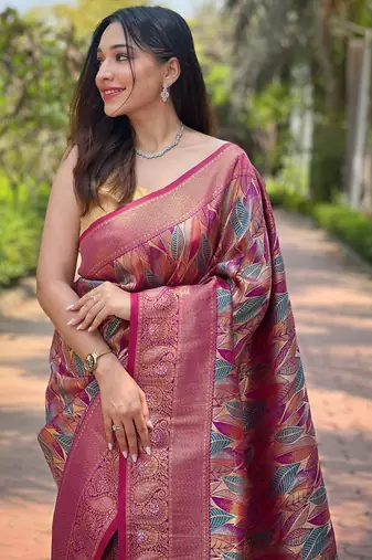 Elegant pink silk saree with contrast weaving border