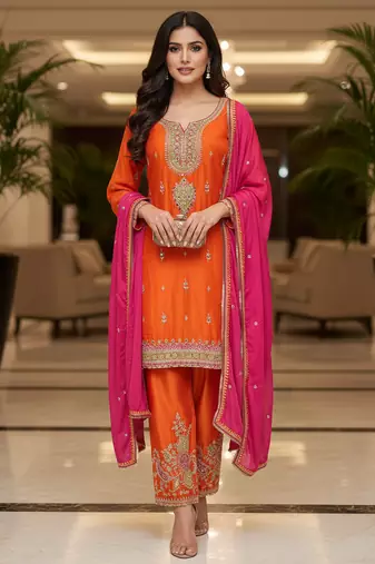 Orange color smart and graceful chinon fabric heavy salwar kameez