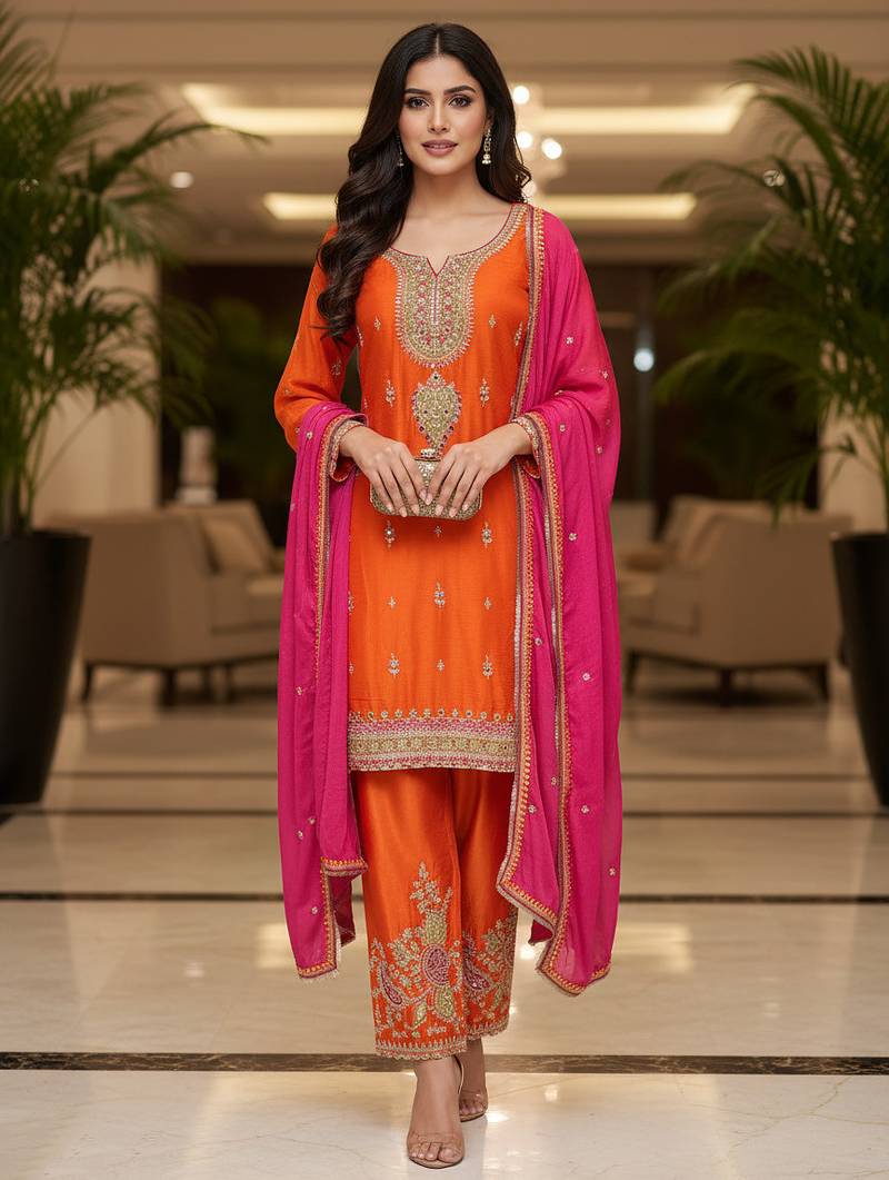Orange color smart and graceful chinon fabric heavy salwar kameez