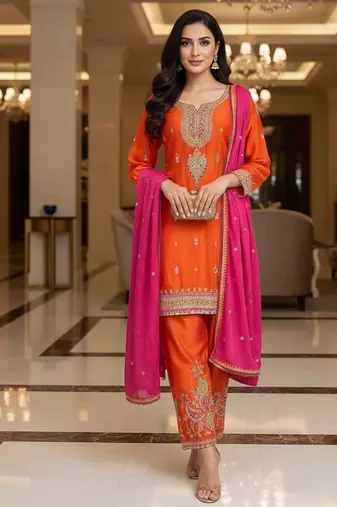 Orange color smart and graceful chinon fabric heavy salwar kameez