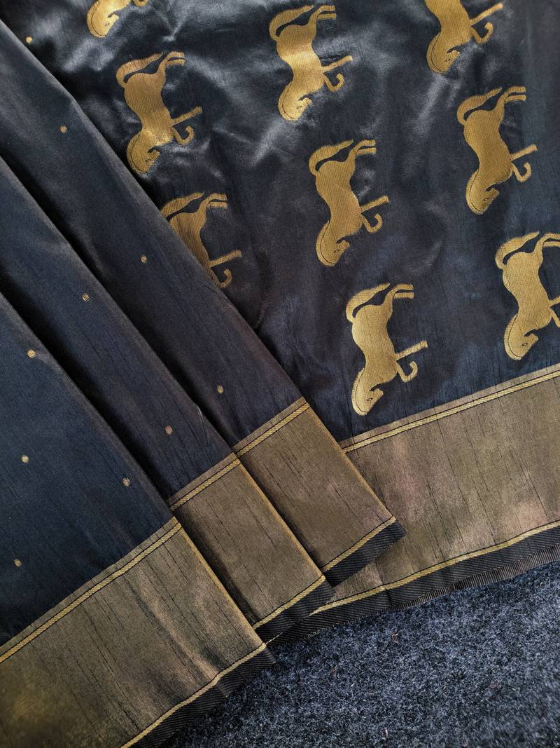 Premium black soft silk saree with golden horse motifs