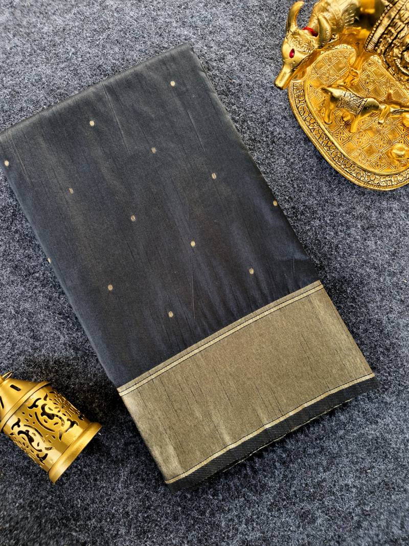 Premium black soft silk saree with golden horse motifs