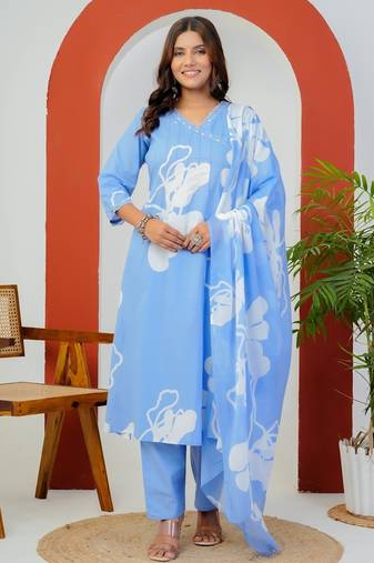 Sky blue floral printed cotton stitched flared kurta set with pyjama & dupatta
