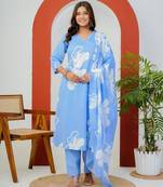 Sky blue floral printed cotton stitched flared kurta set with pyjama & dupatta