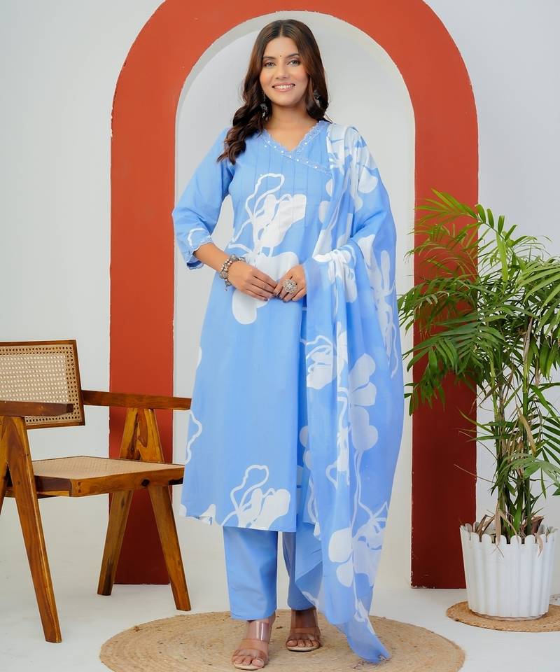 Sky blue floral printed cotton stitched flared kurta set with pyjama & dupatta