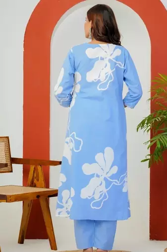 Sky blue floral printed cotton stitched flared kurta set with pyjama & dupatta