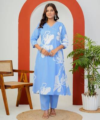 Sky blue floral printed cotton flared kurta Set 3