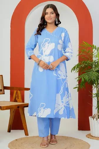 Sky blue floral printed cotton stitched flared kurta set with pyjama & dupatta