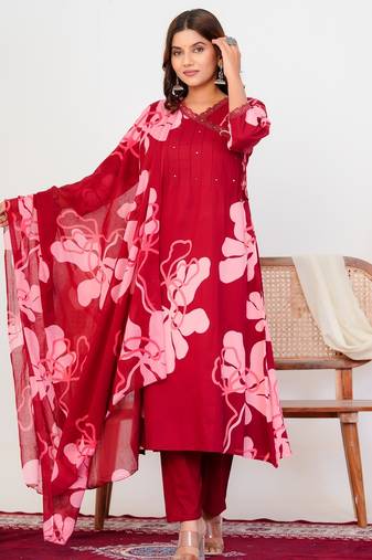 Red floral printed cotton stitched flared kurta set with pyjama & dupatta
