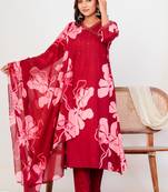 Red floral printed cotton stitched flared kurta set with pyjama & dupatta