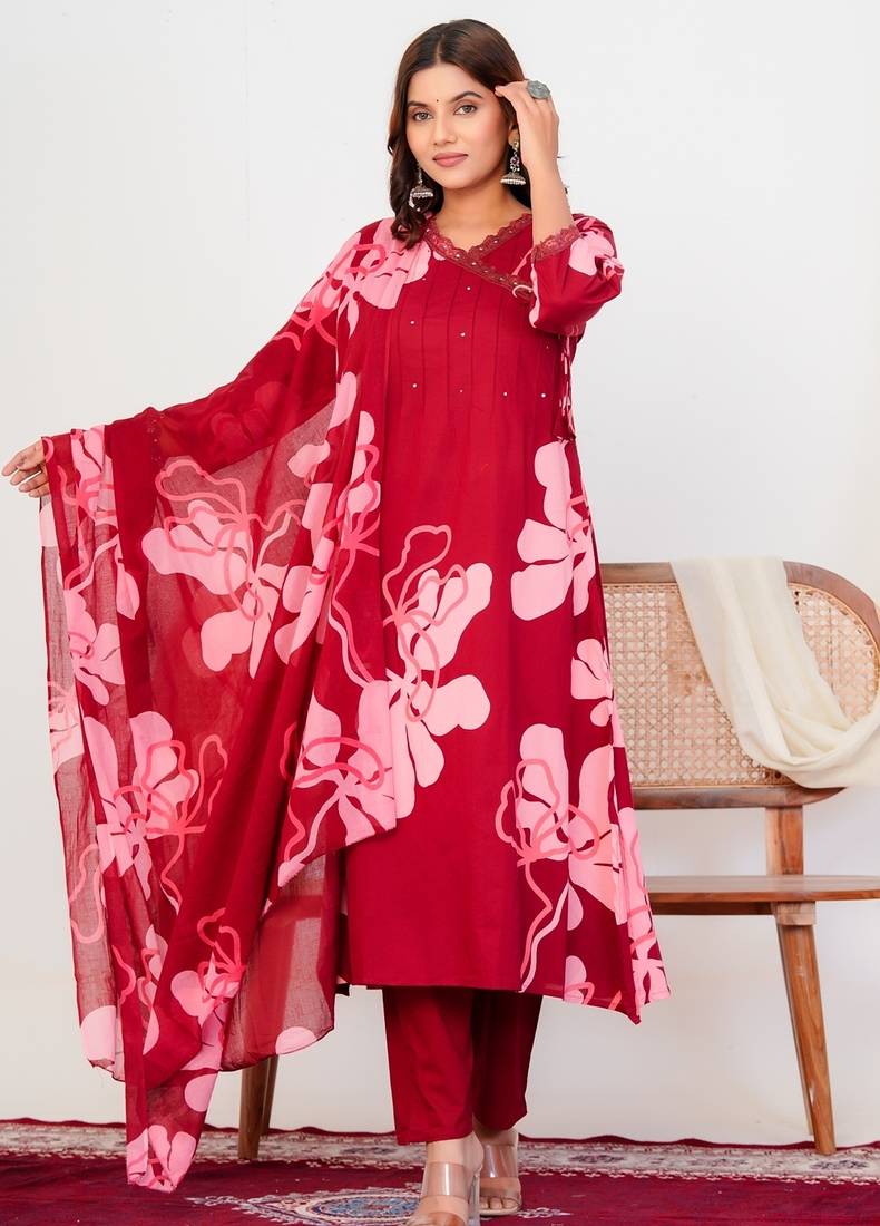 Red floral printed cotton stitched flared kurta set with pyjama & dupatta