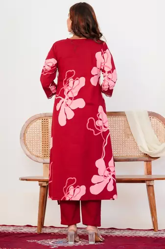 Red floral printed cotton stitched flared kurta set with pyjama & dupatta