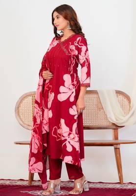 Red floral printed cotton flared kurta set 3
