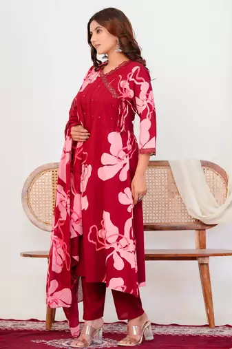 Red floral printed cotton stitched flared kurta set with pyjama & dupatta