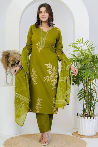 Green floral printed cotton stitched straight kurta set with pyjama & dupatta