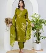 Green floral printed cotton stitched straight kurta set with pyjama & dupatta