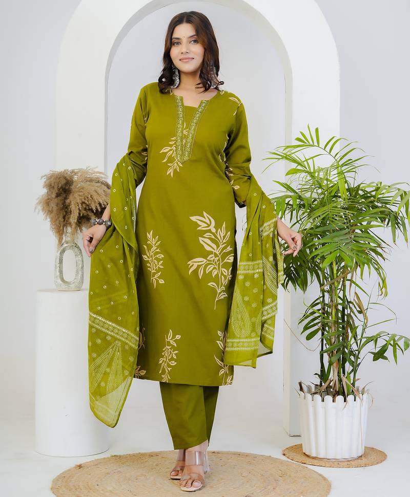 Green floral printed cotton stitched straight kurta set with pyjama & dupatta