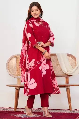 Red floral printed cotton stitched flared kurta set with pyjama & dupatta