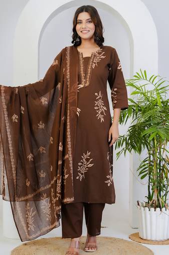 Brown floral printed cotton stitched straight kurta set with pyjama & dupatta