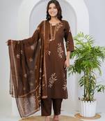 Brown floral printed cotton stitched straight kurta set with pyjama & dupatta