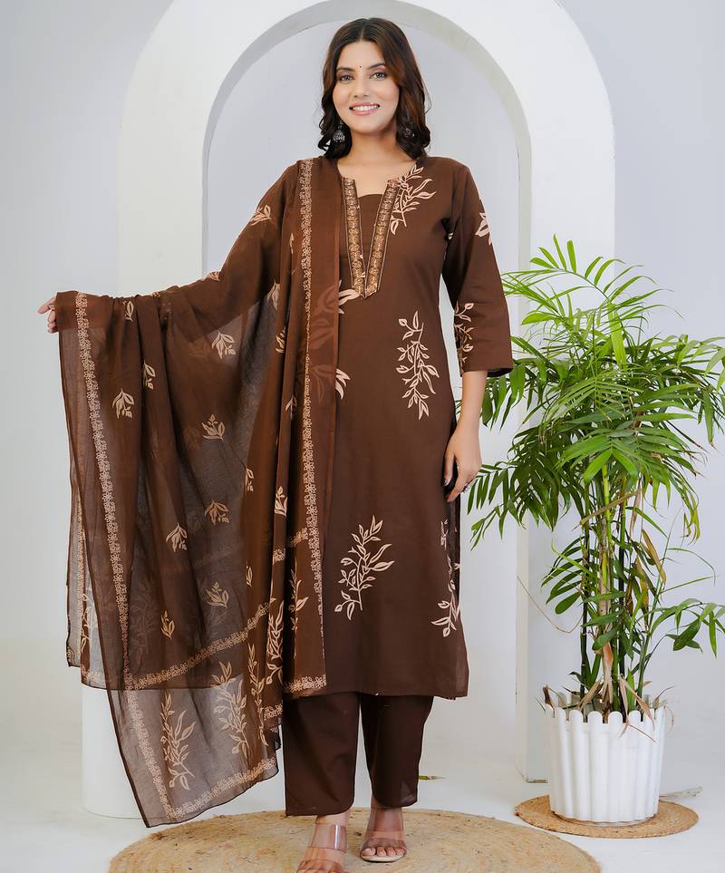 Brown floral printed cotton stitched straight kurta set with pyjama & dupatta