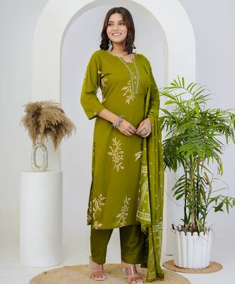 Green floral printed cotton straight kurta set 4