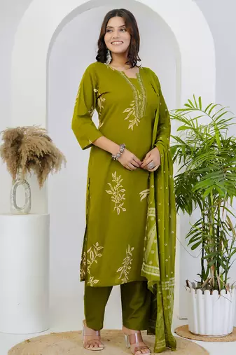 Green floral printed cotton stitched straight kurta set with pyjama & dupatta