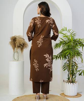 Brown floral printed cotton straight kurta set 2