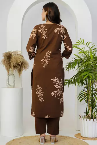 Brown floral printed cotton stitched straight kurta set with pyjama & dupatta