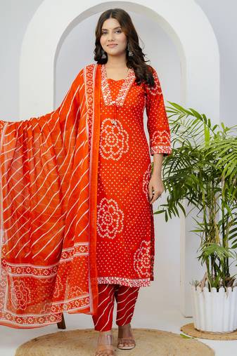 Orange printed mirror work cotton straight kurta set
