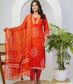 Orange printed mirror work cotton stitched straight kurta set with pyjama & dupatta
