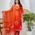 Orange printed mirror work cotton stitched straight kurta set with pyjama & dupatta