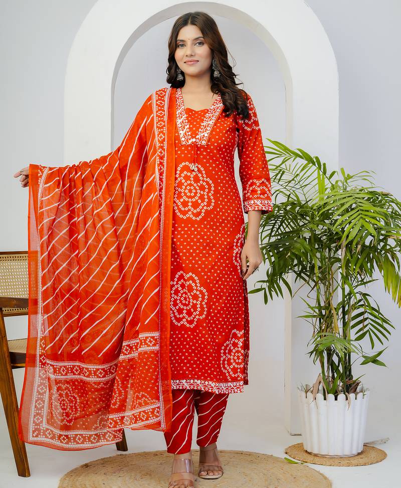 Orange printed mirror work cotton stitched straight kurta set with pyjama & dupatta