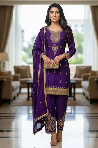 Purple color smart and graceful chinon fabric heavy salwar kameez