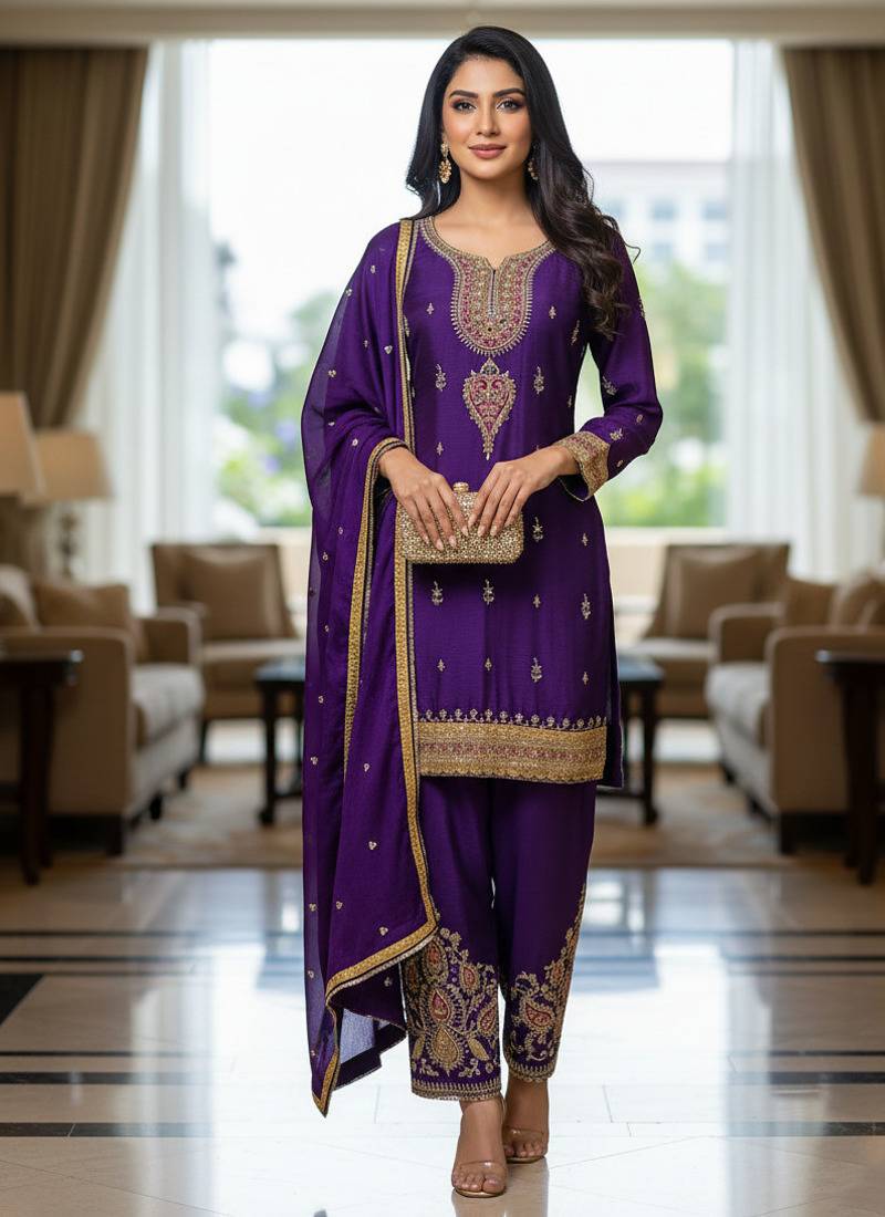 Purple color smart and graceful chinon fabric heavy salwar kameez