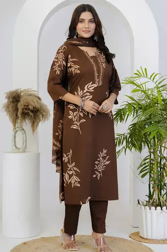 Brown floral printed cotton stitched straight kurta set with pyjama & dupatta