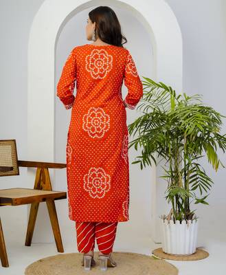 Orange printed mirror work cotton straight kurta set 2